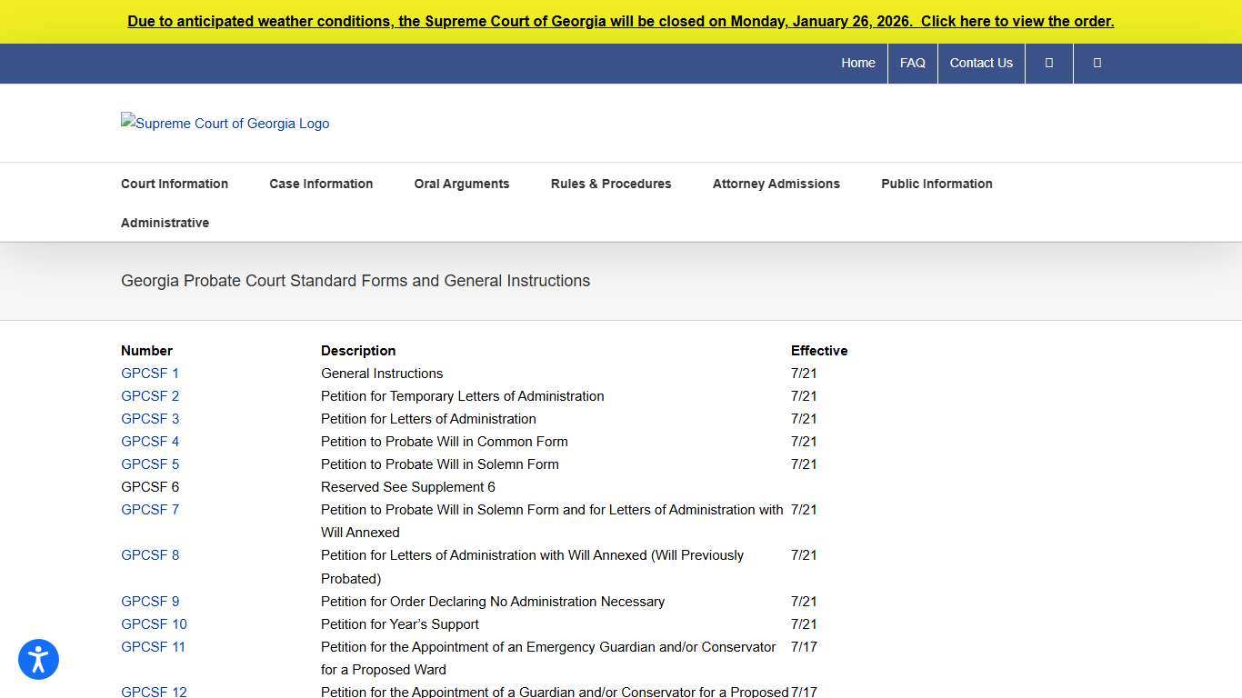 Georgia Probate Court Standard Forms and General Instructions – Supreme Court of Georgia